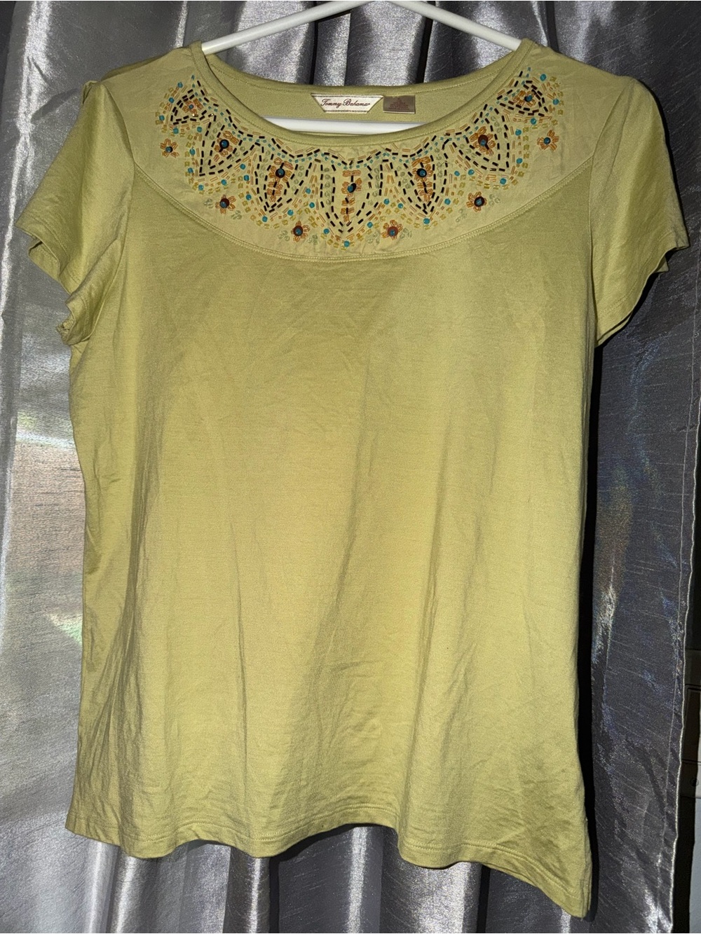 Tommy Bahama Olive Green Embellished Scoop Neck Short Sleeve Top